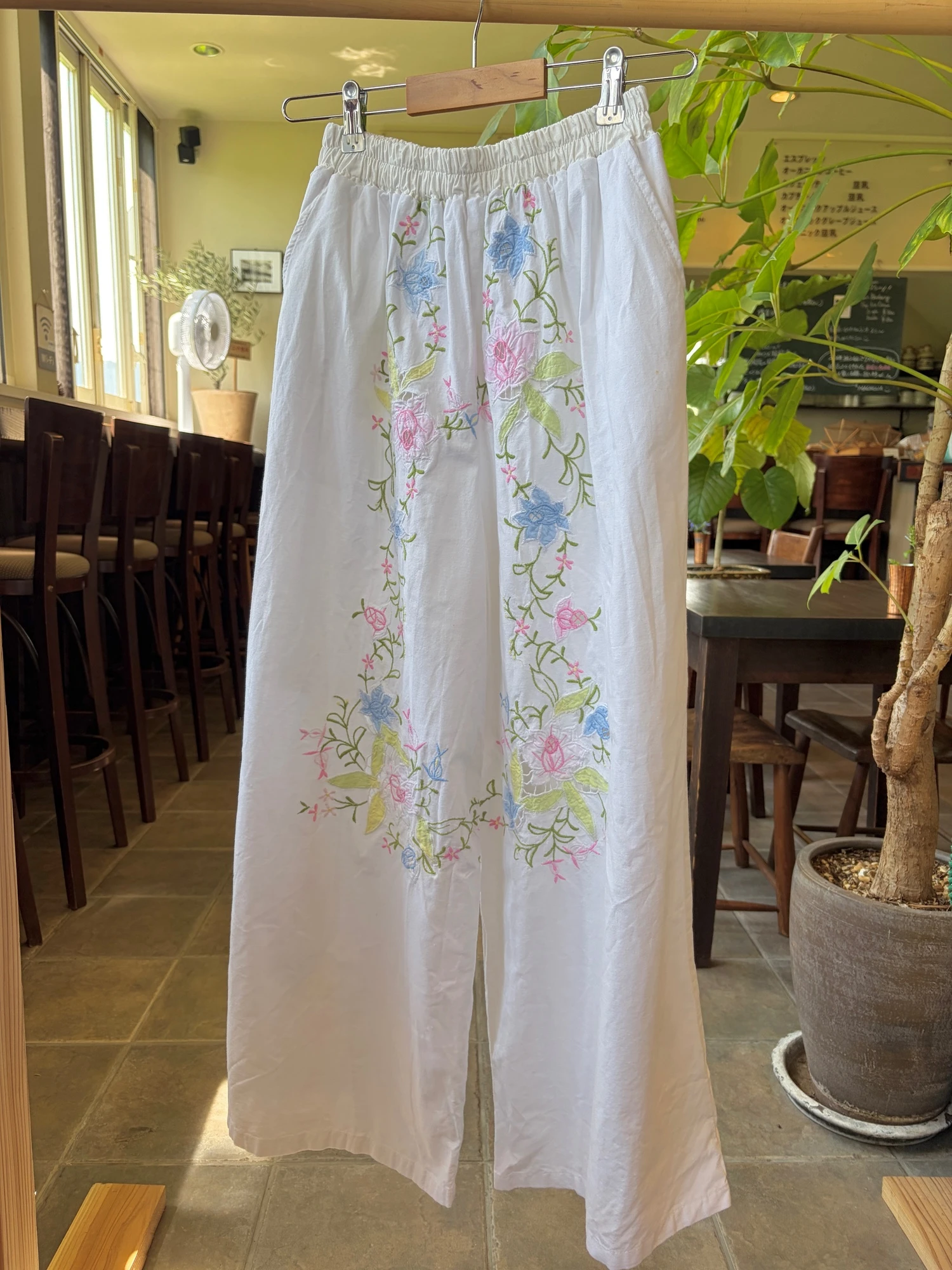 vintage flower embroidered cotton wide pants
