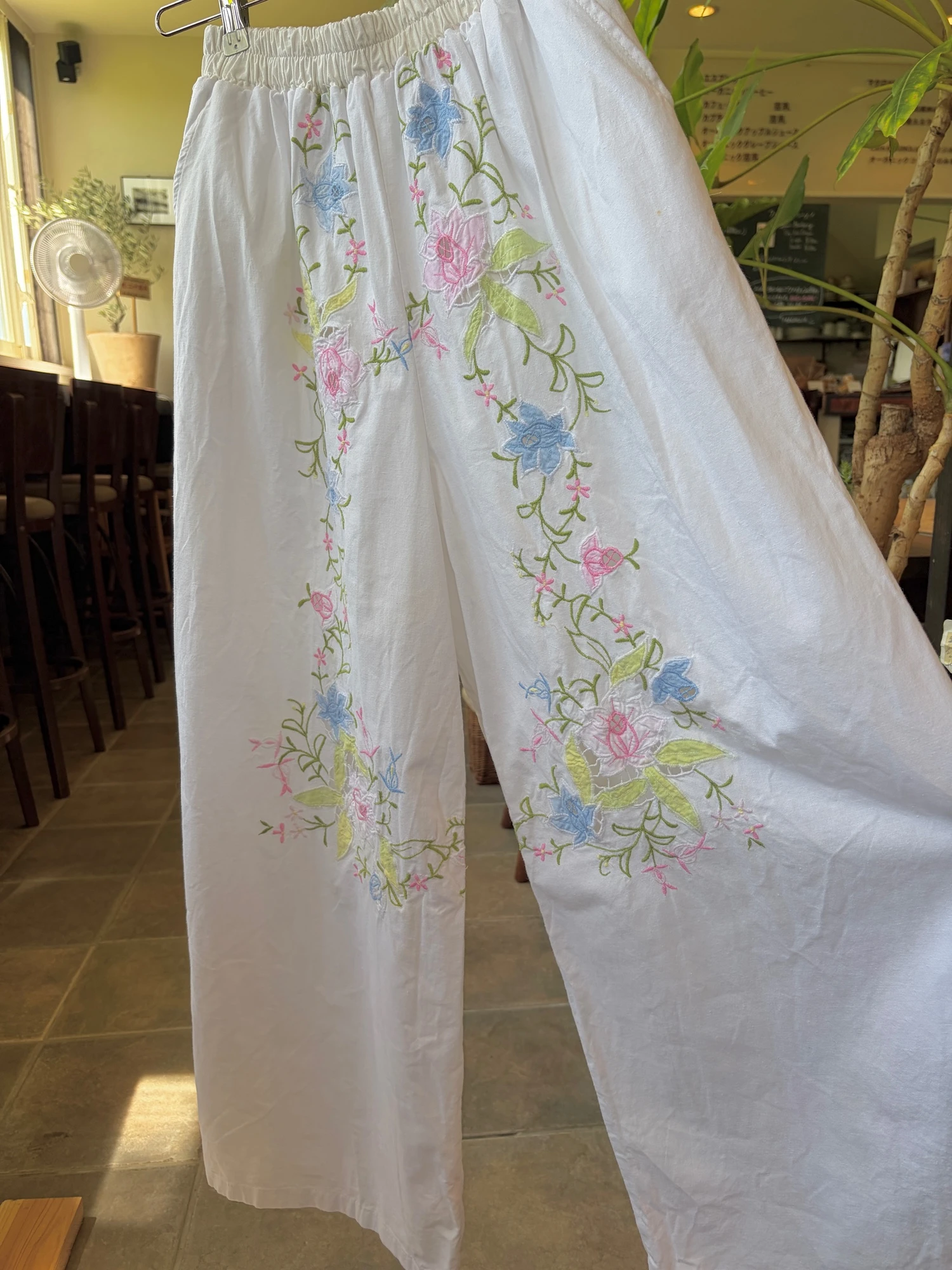 vintage flower embroidered cotton wide pants 4