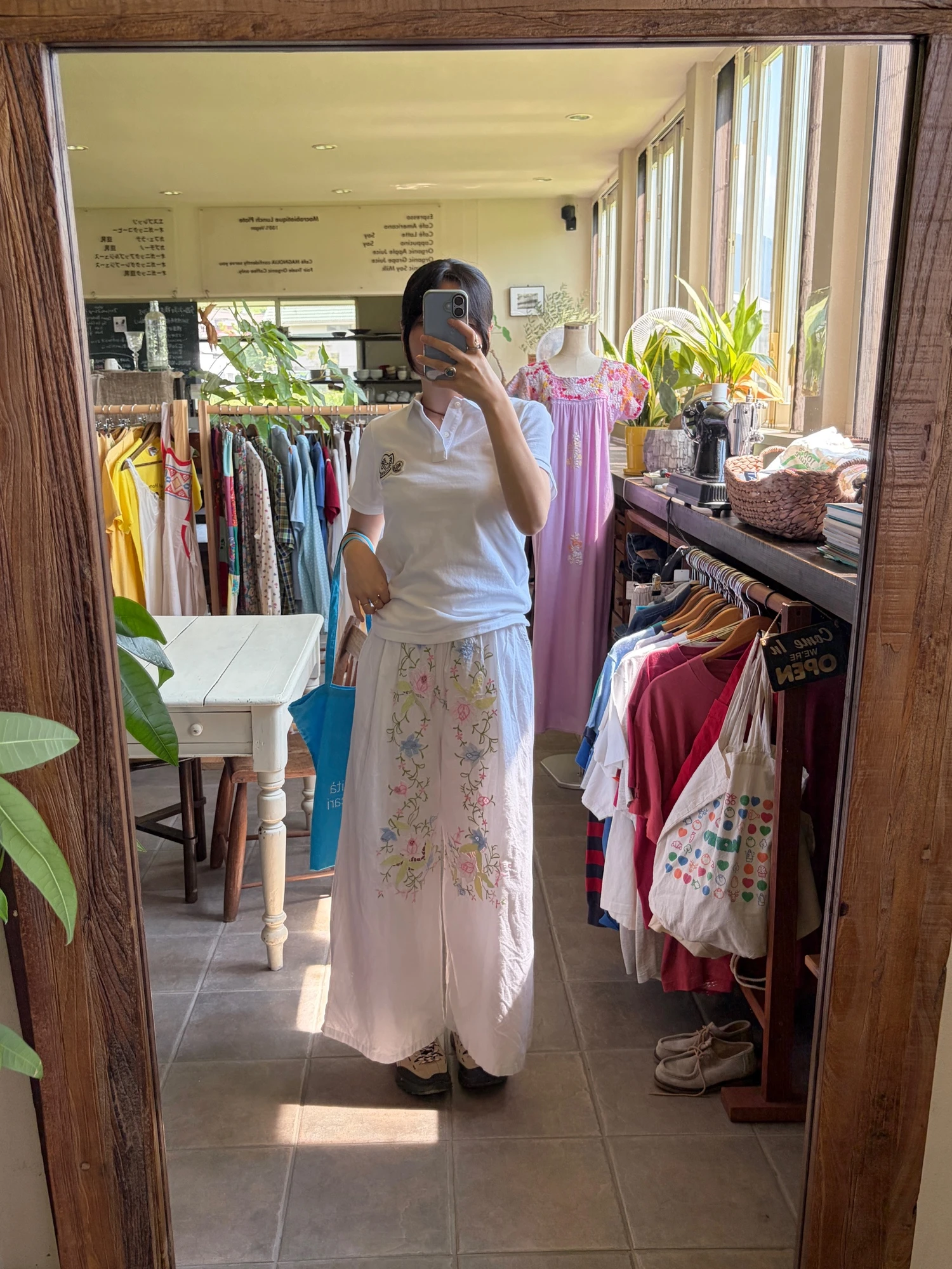 vintage flower embroidered cotton wide pants 8
