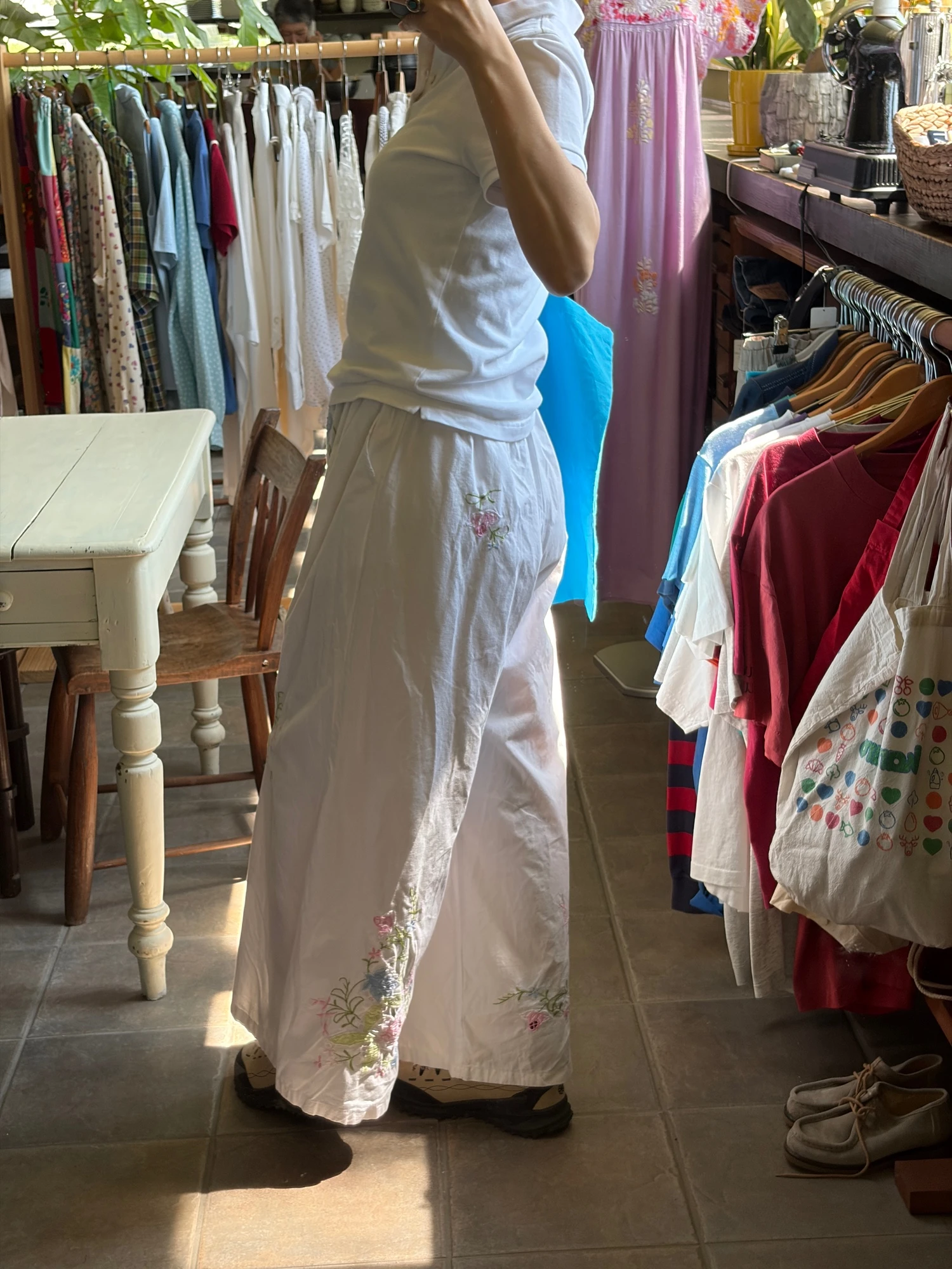 vintage flower embroidered cotton wide pants 15