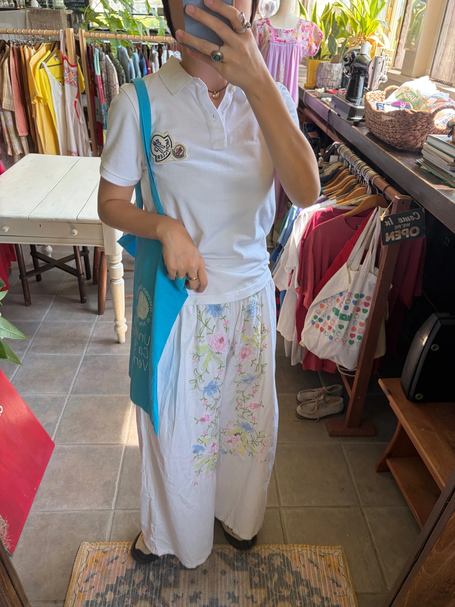 vintage flower embroidered cotton wide pants 7