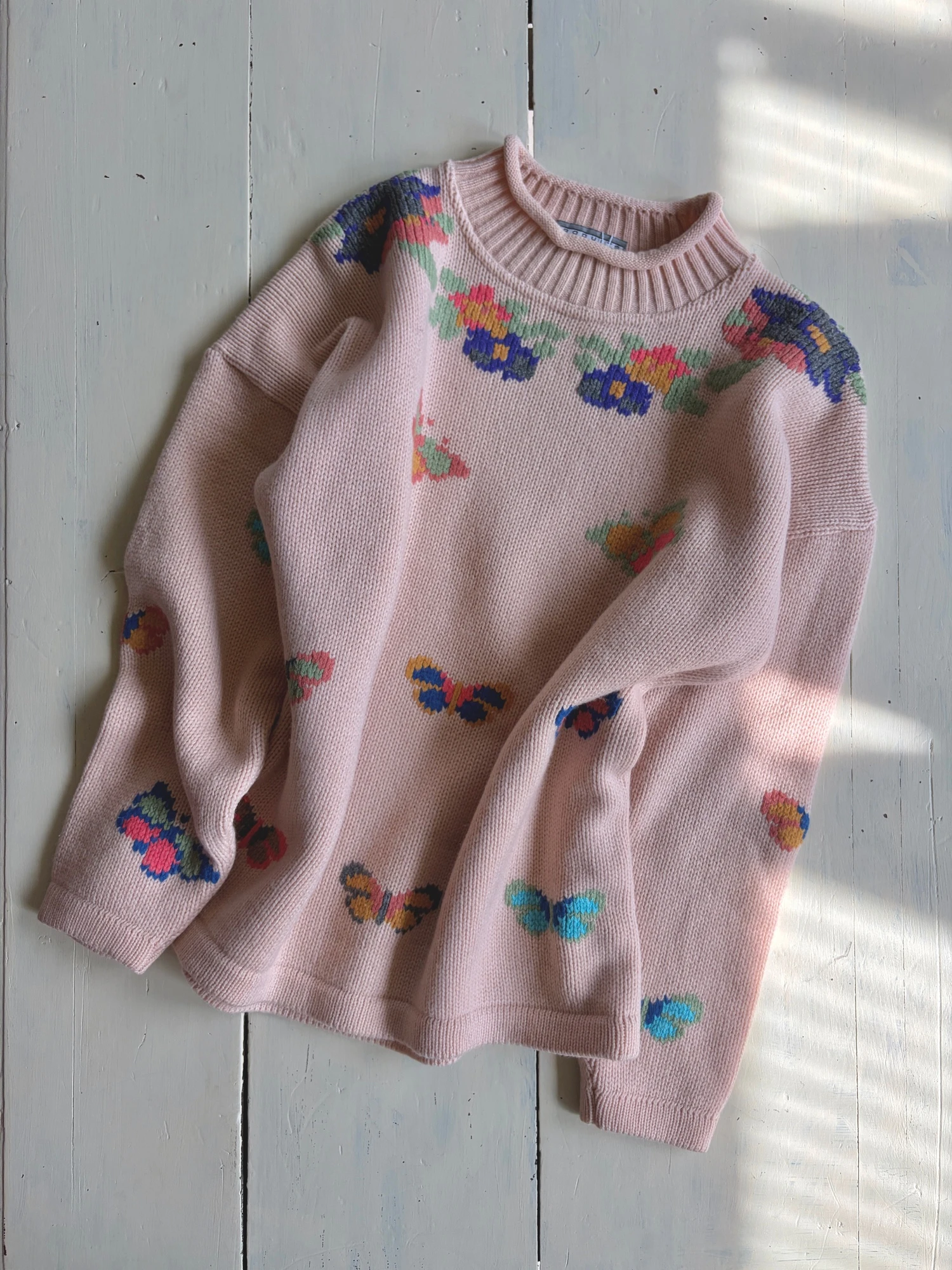 pink beige butterfly knitted sweater