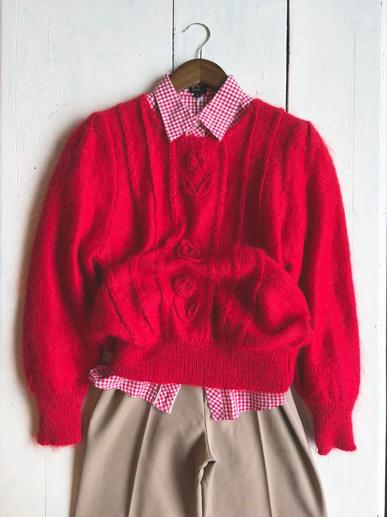 red mohair flower design sweater